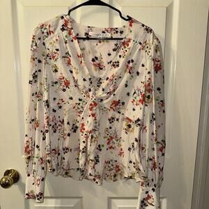 Veronica Beard Cream Floral Print Payto Silk Tie Front Blouse Top Size 10